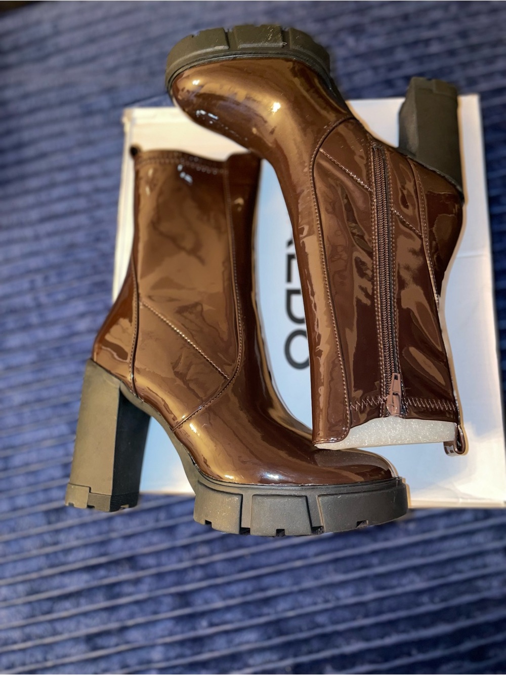 Aldo Brown Patent Chunky Heel Ankle Boots